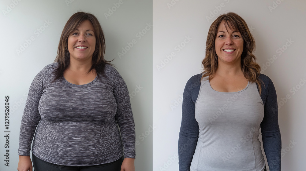 custom made wallpaper toronto digitalA side-by-side transformation photo of a 40-year-old woman, showcasing her weight loss journey. On the left, she appears heavier, wearing casual clothes with a neutral expression. On the right, she is