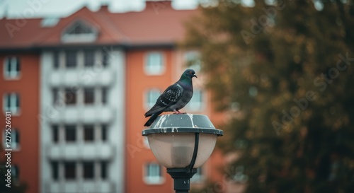 Urban sentinel: A pigeon perched atop a vintage lamppost in the city photo