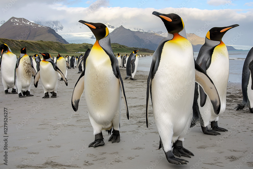 Fototapeta premium A lively scene of numerous king penguins walking gracefully along the beach