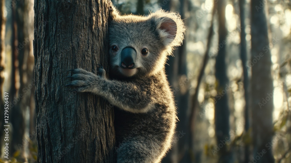 Fototapeta premium Adorable Koala Bear Climbing A Tree In Serene Forest Setting