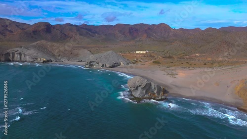 Aerial night view of La Isleta del Moro, Cabo de Gata-Níjar Natural Park, Almeria, Andalusia, Spain