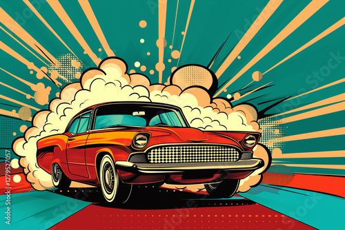 Retro Car in Comic Book Style. Vintage Vehicle Illustration. Generative AI