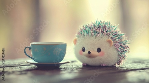   A toy hedgehog sits beside a steaming cup of coffee on a round table, with a saucer in the foreground