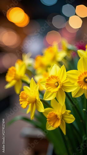 A close-up of a bouquet of vibrant yellow daffodils with delicate petals, blurred background of dark indoor setting with warm glowing lights, vertical, for cards