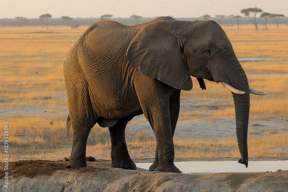 Fototapeta premium A majestic African Elephant (Loxodonta africana) standing at the edge of a waterhole in the vast, golden Savuti Marsh of Chobe National Park, Botswana