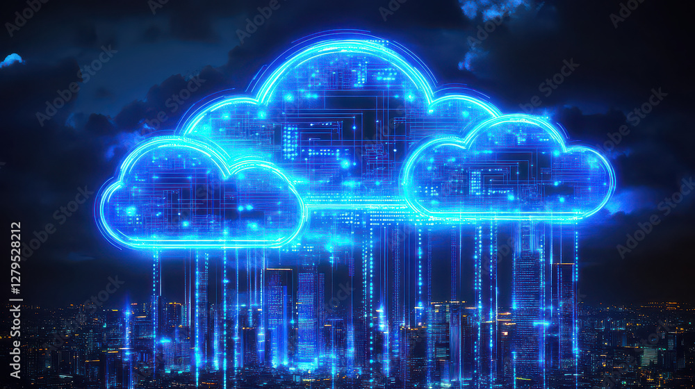 digital blue cloud connection futuristic city, technology digital city network connect blue Cloud computing background digital blue cloud connection futuristic city, technology digital city network connect blue Cloud computing background