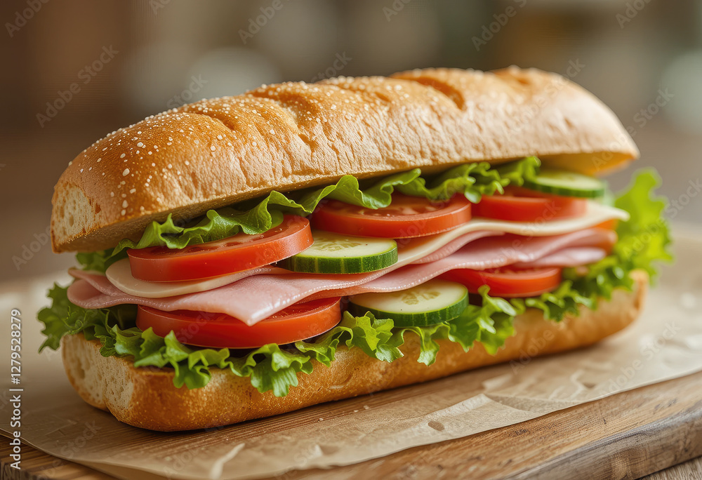 Fresh Ham and Cheese Sub Sandwich with Lettuce, Tomato, and Cucumber on a Crispy Hoagie Roll Fresh Ham and Cheese Sub Sandwich with Lettuce, Tomato, and Cucumber on a Crispy Hoagie Roll
