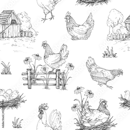 Chicken farm seamless vector pattern hand drawn ink. Chicken coop, hens, rooster, chicks, eggs, fence, flowers and herbs. For organic, fresh food label design
