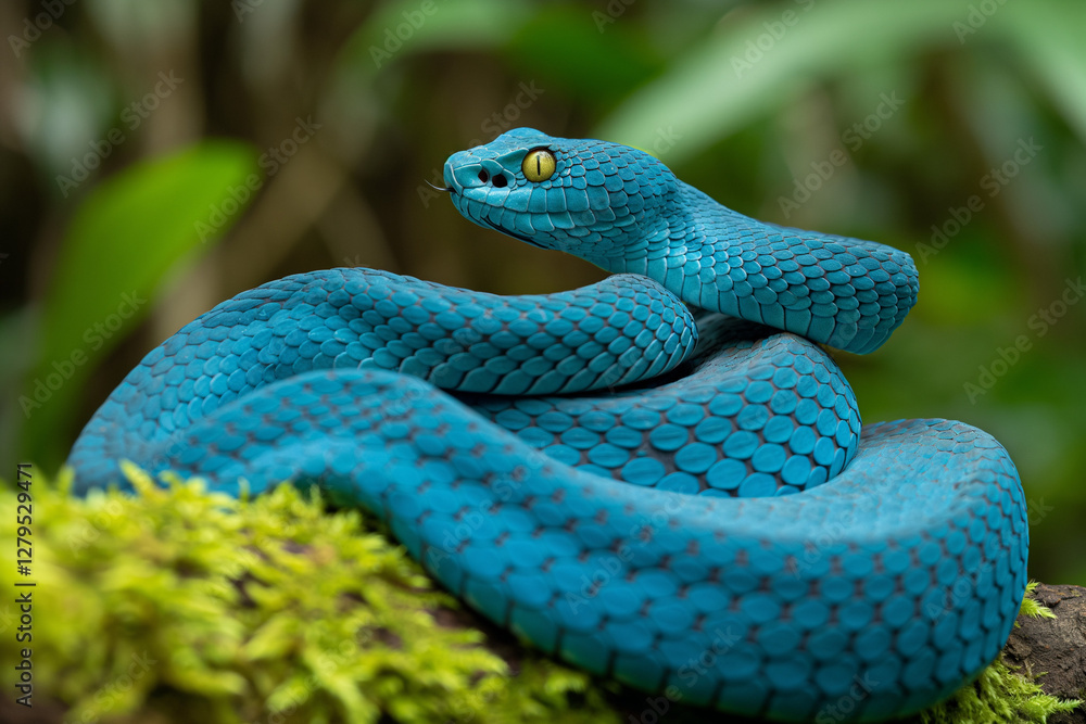 Fototapeta premium A mesmerizing blue pit viper coiled gracefully on a moss-covered branch in the dense tropical rainforest of Indonesia