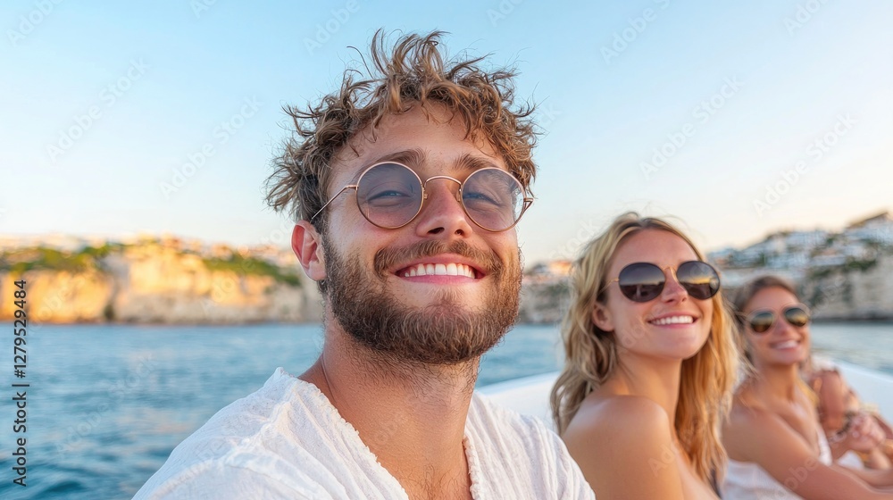 Happy friends enjoying sunset cruise Happy friends enjoying sunset cruise