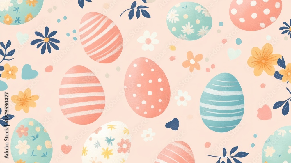 flat illustration pastel colored Easter eggs with stripes, polka dots, florals pattern flat illustration pastel colored Easter eggs with stripes, polka dots, florals pattern