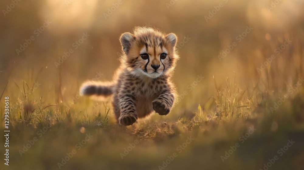 Obraz premium Cheetah Cub Playing in the Grass During Golden Hour Light