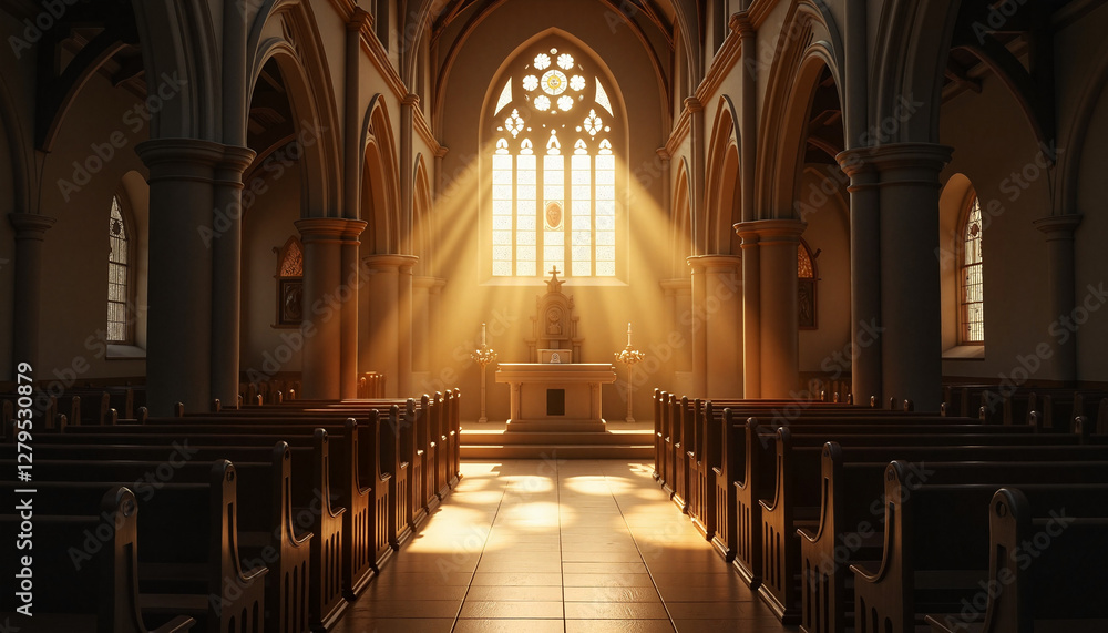 Fototapeta premium Golden Sunlight Illuminating a Grand Cathedral Interior