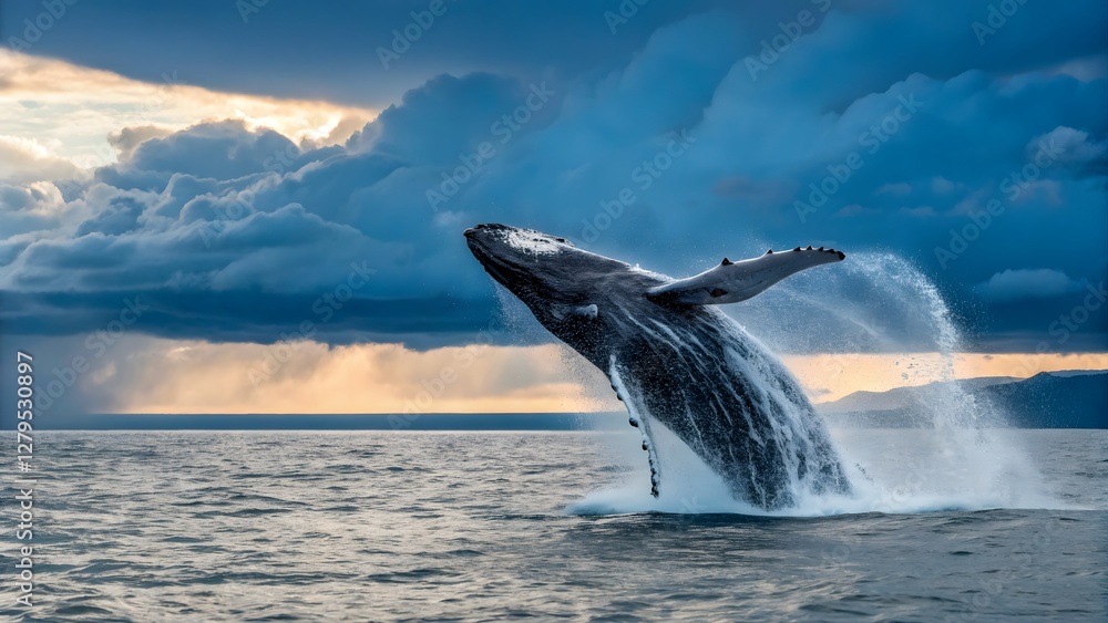 Fototapeta premium A majestic whale breaching the surface of the ocea