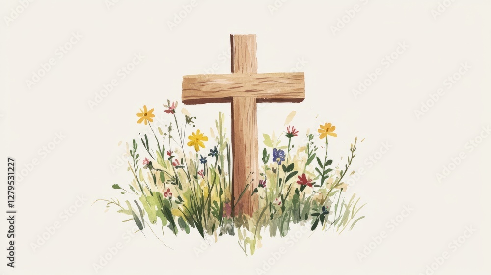 flat rustic, earthy illustration of a wooden cross adorned with wildflowers growing around the base, symbolizing both faith and nature's renewal in spring. flat rustic, earthy illustration of a wooden cross adorned with wildflowers growing around the base, symbolizing both faith and nature's renewal in spring.