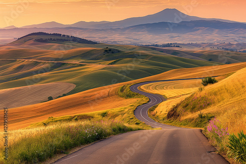 A picturesque road trip background featuring a long, winding road stretching into the horizon