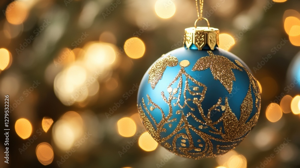 Ornate blue Christmas ornament hanging on a tree, surrounded by soft glowing lights in the background Ornate blue Christmas ornament hanging on a tree, surrounded by soft glowing lights in the background