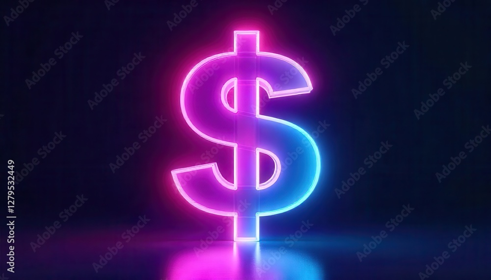 Create a floating 3D dollar sign with a glossy, transparent surface illuminated by vibrant neon gradient colors Create a floating 3D dollar sign with a glossy, transparent surface illuminated by vibrant neon gradient colors
