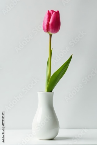 Single pink tulip in a simple vase against white backdrop, clean background, vase