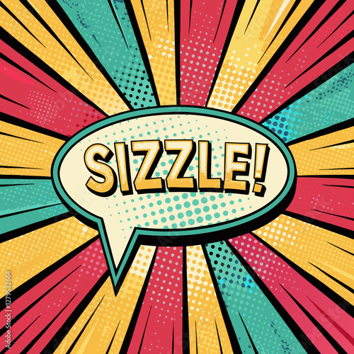 Vibrant comic book speech bubble with sizzle caption in retro pop art style, colorful graphic design for creative projects