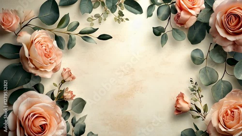 A luxurious wedding invitation design featuring floral borders with pink roses and eucalyptus leaves.