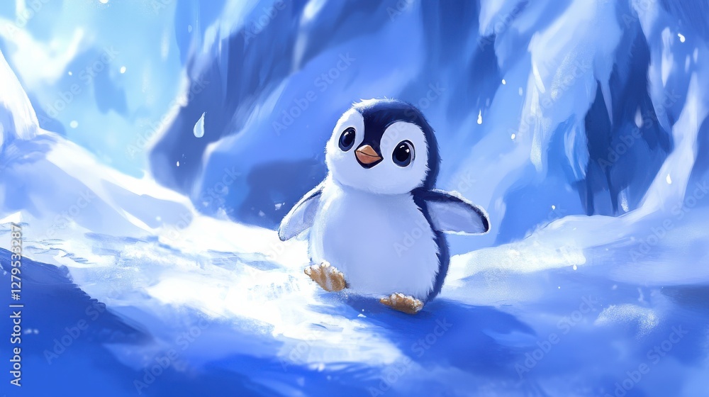 Fototapeta premium Cute Cartoon Penguin in a Snowy Landscape with Icy Background