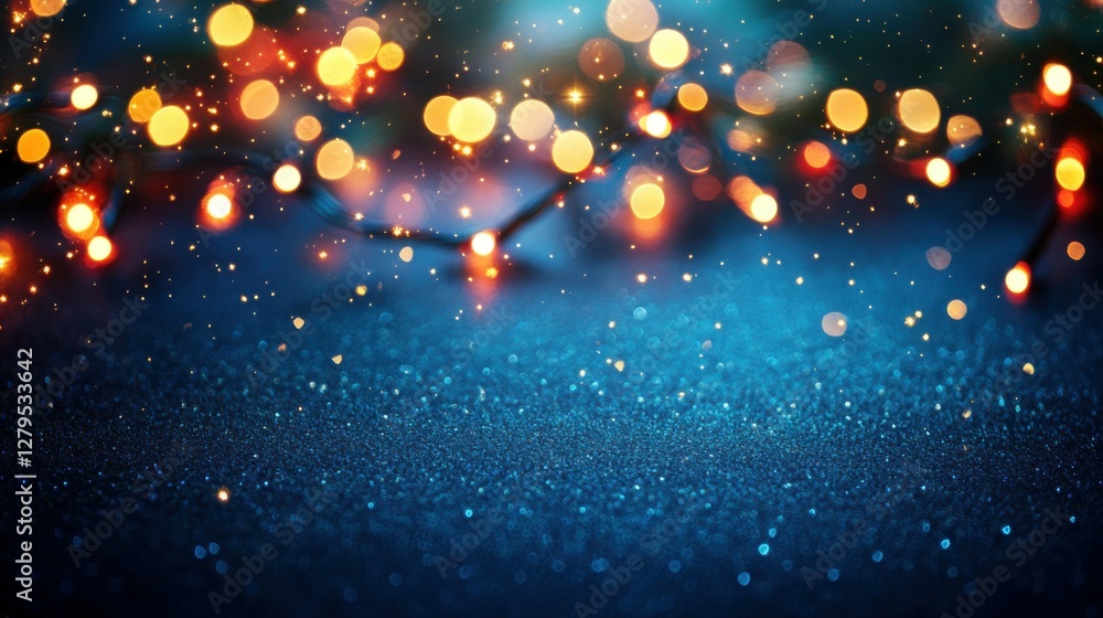 Obraz premium holiday illumination and decoration concept - christmas garland bokeh lights over dark blue background