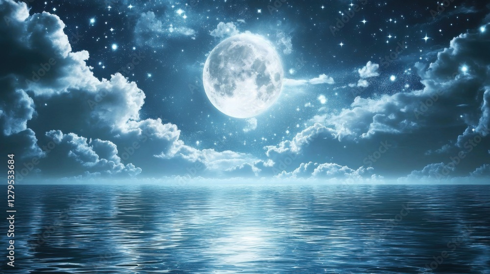 Fototapeta premium Romantic Moon With Clouds And Starry Sky Over Sparkling Blue Water