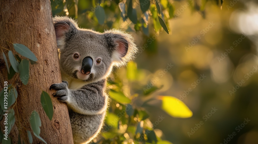 Fototapeta premium Cute Koala Peeking from Tree Among Green Leaves in Nature Setting
