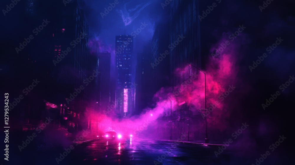 Fototapeta premium Dark street, night smog and smoke neon light. Dark background of the night city, ray of light in the dark. Gloomy dark background.