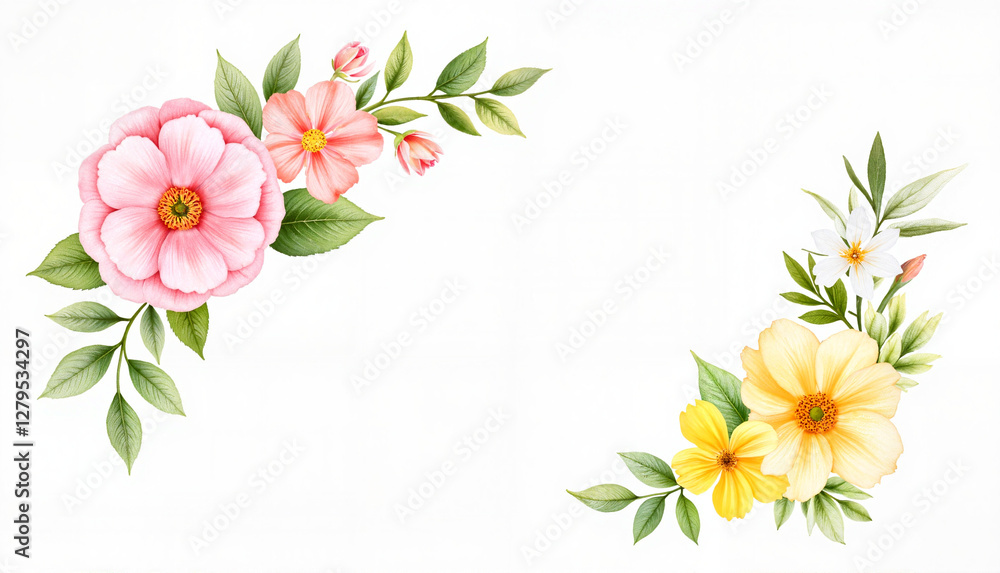 Fototapeta premium Floral arrangement with pink and yellow flowers on white background