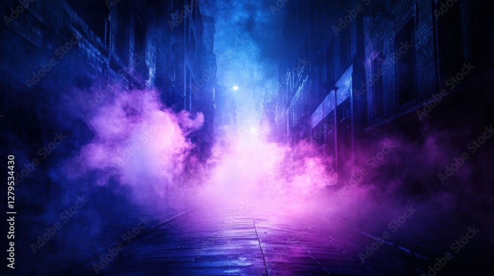 Dark street, night smog and smoke neon light. Dark background of the night city, ray of light in the dark. Gloomy dark background. Dark street, night smog and smoke neon light. Dark background of the night city, ray of light in the dark. Gloomy dark background.
