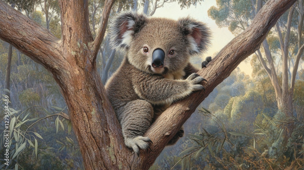 Fototapeta premium Cute Koala Sitting on Tree Branch in Natural Australian Habitat