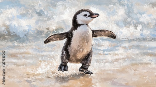 Cute Little Penguin Walking Playfully on the Beach Shoreline