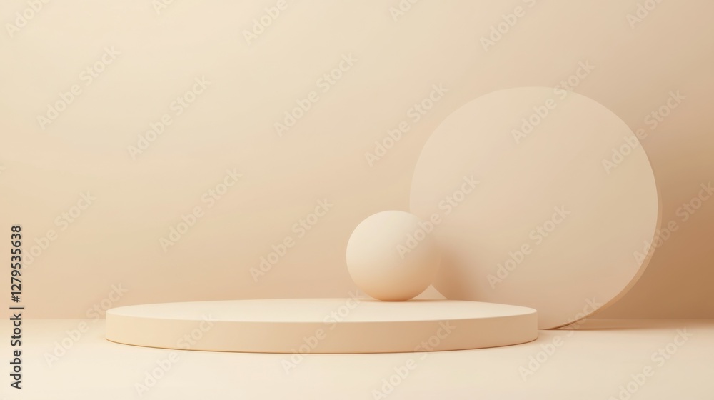 Fototapeta premium Minimal abstract background for branding and product presentation. Beige subtle geometric on beige background. 3d rendering illustration. Clipping path of each element included.