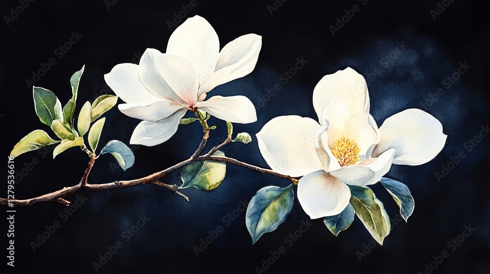 Obraz premium watercolor illustration of white magnolia flower on black background 