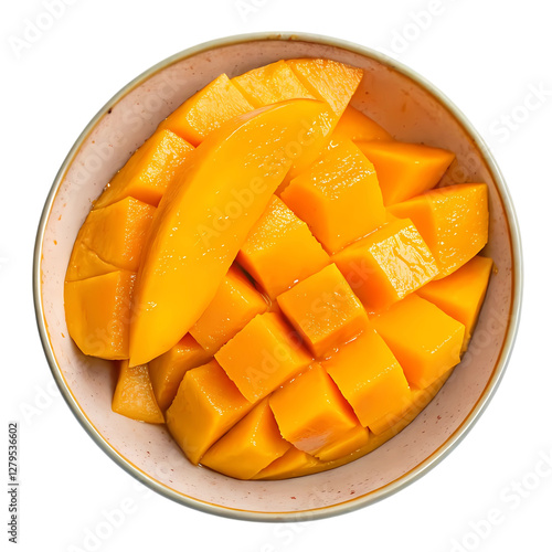 Mango slices in a bowl top view 