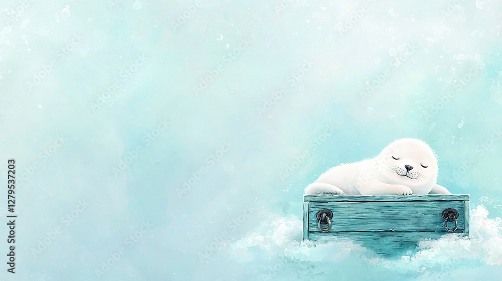 Fototapeta premium A white animal sleeps atop a blue dresser amidst a cloudy sky