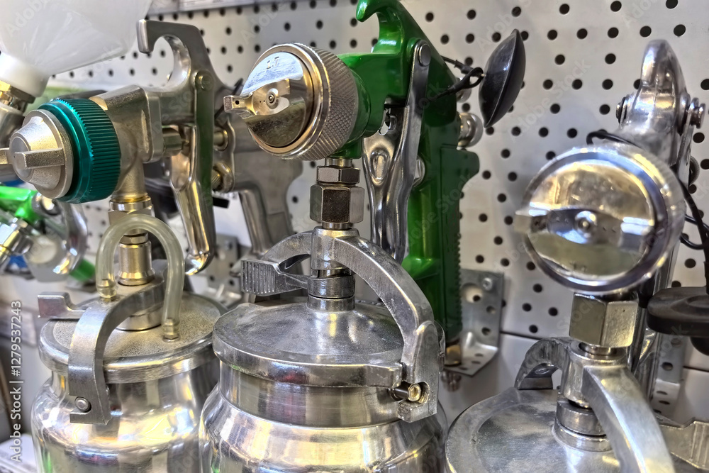 Versatile pneumatic paint sprayers displayed in a workshop setting Versatile pneumatic paint sprayers displayed in a workshop setting