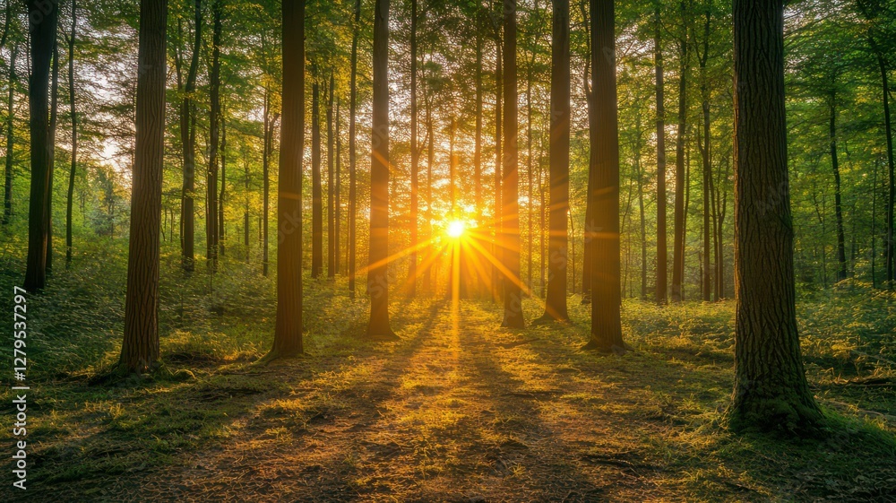 Fototapeta premium Stunning image of sunset in a forest created with Generative AI