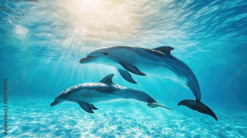 Fototapeta premium Graceful Dolphins Swimming in Crystal Clear Ocean Waters