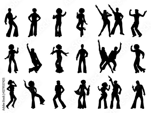 Set of 70s Disco Dancers Silhouette in various poses isolated on white background