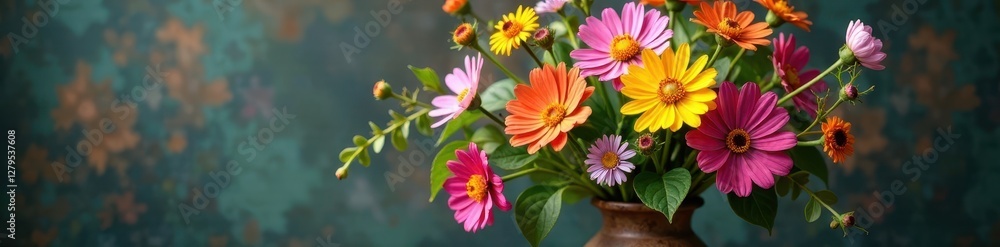 Fototapeta premium A colorful bouquet of mixed wildflowers in a rustic vase, floral arrangement, blooms, flowering plants