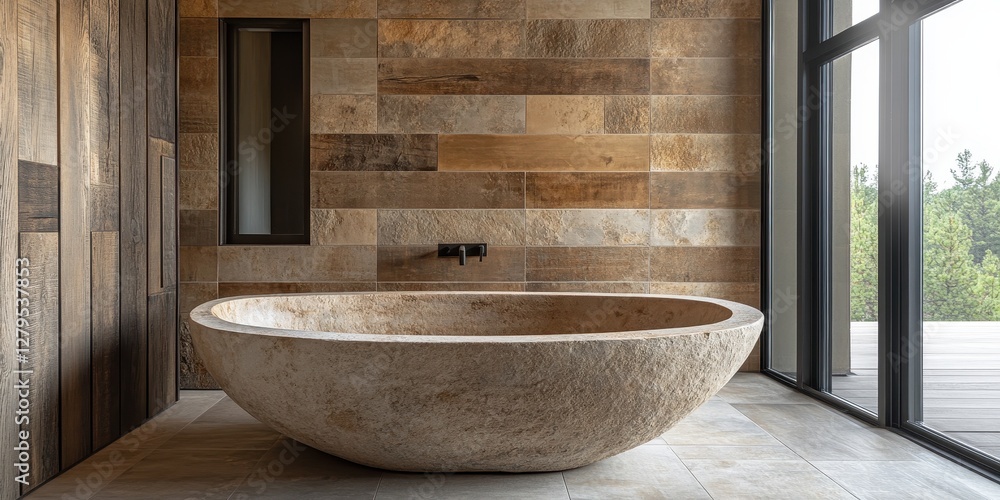 Elegant Bathing Oasis: Expansive Stone Soaking Tub Surrounded by Natural Wood Accents in a Tranquil Bathroom Elegant Bathing Oasis: Expansive Stone Soaking Tub Surrounded by Natural Wood Accents in a Tranquil Bathroom