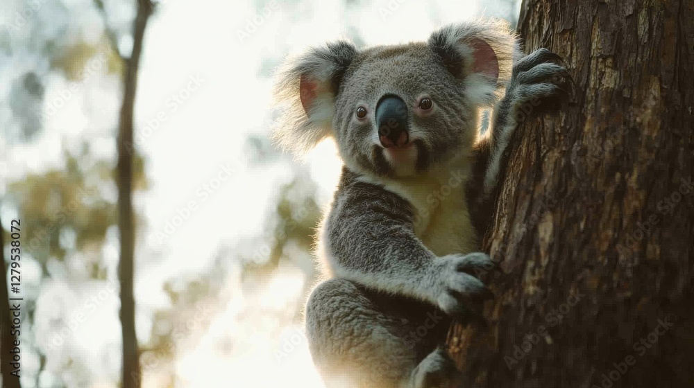 Naklejka premium Koala Climbing Tree in Natural Habitat Under Bright Sunlight