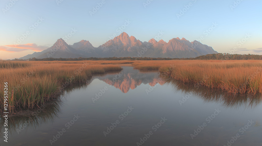 Fototapeta premium Mountain reflection in calm marsh at dawn