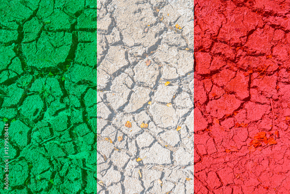 Cracked clay lake bed with the flag of the Italy painted on it (close-up). Concept of climate change, drought and drying up of water bodies in the Italy Cracked clay lake bed with the flag of the Italy painted on it (close-up). Concept of climate change, drought and drying up of water bodies in the Italy