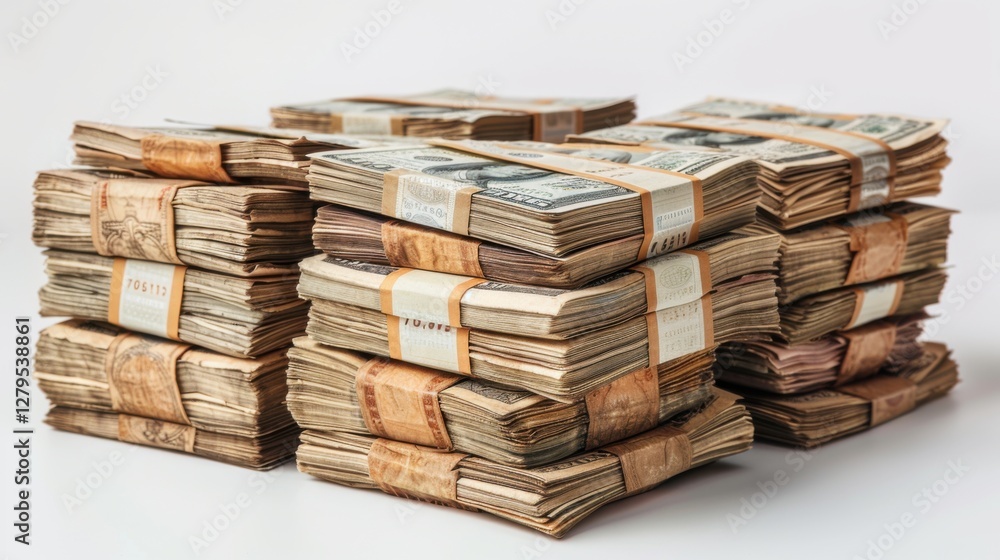 Giant packs of banknotes arranged in stacks, representing financial growth and savings, isolated on a white background Giant packs of banknotes arranged in stacks, representing financial growth and savings, isolated on a white background