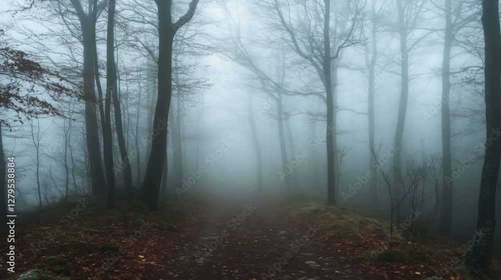 Fototapeta premium Misty Forest Path; Peaceful Autumn Woods; Nature Scene; Outdoor Photography; Suitable for Posters, Wallpaper, or Backgrounds
