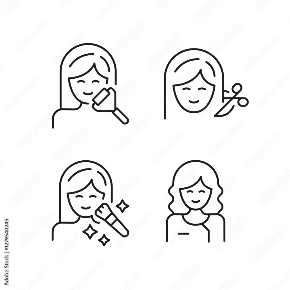 Beauty icons. Set of 4 beauty trendy minimal icons. Example: Haircut, Eyebrow, Perfume icon. Design signs for web page, mobile app, packaging design. Vector illustration. Beauty icons. Set of 4 beauty trendy minimal icons. Example: Haircut, Eyebrow, Perfume icon. Design signs for web page, mobile app, packaging design. Vector illustration.